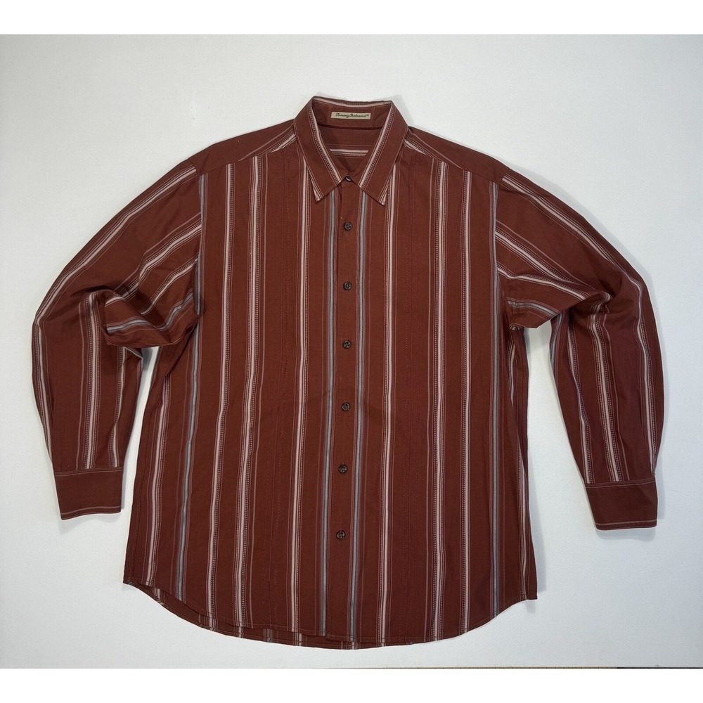 Tommy Bahama Mens Large Silk Cotton Button Down Shirt Red Striped Beach Tropical
